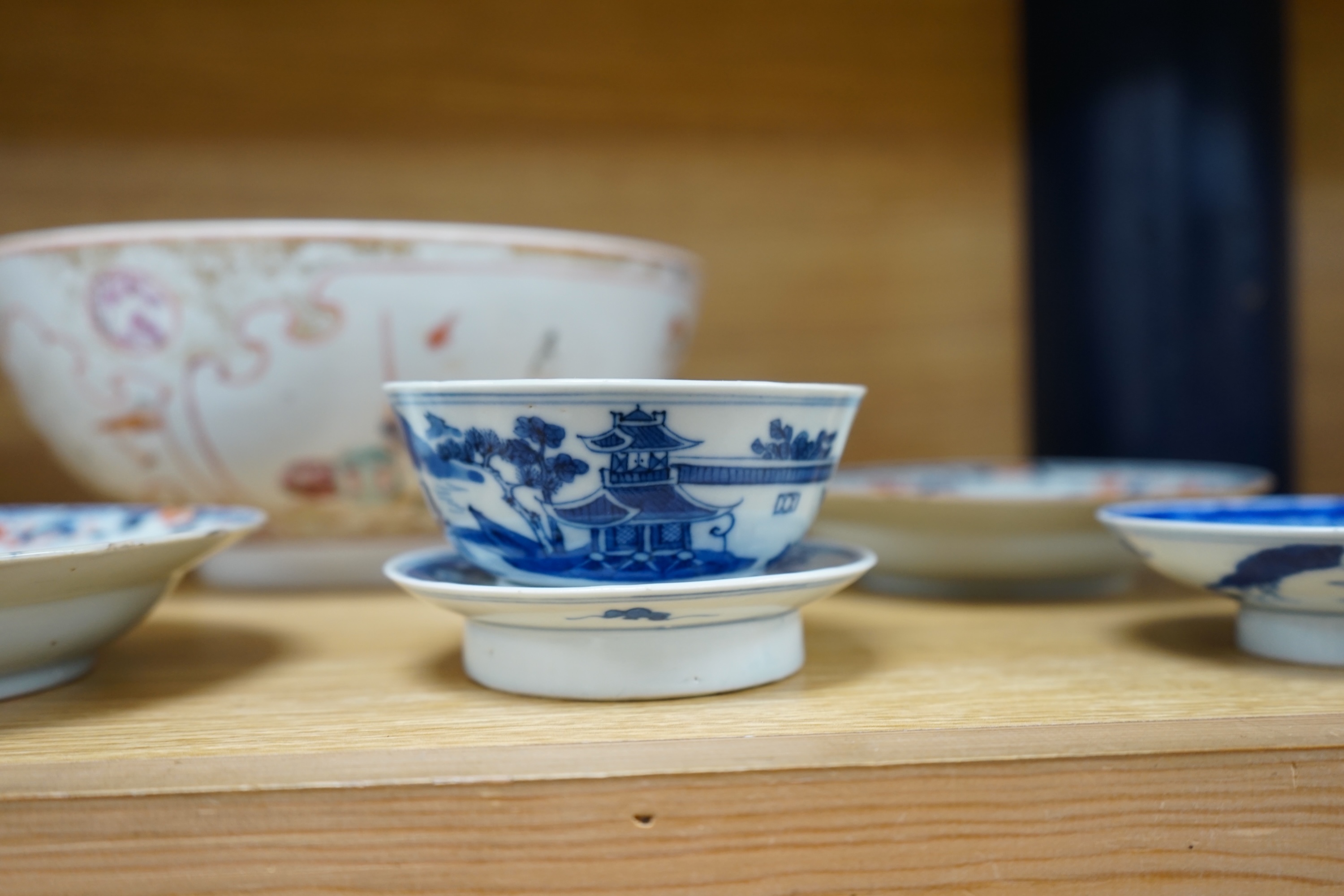 A group of 18th/19th century Chinese ceramics including a punch bowl, 26cm diameter, small dishes, etc. Condition - fair to good.